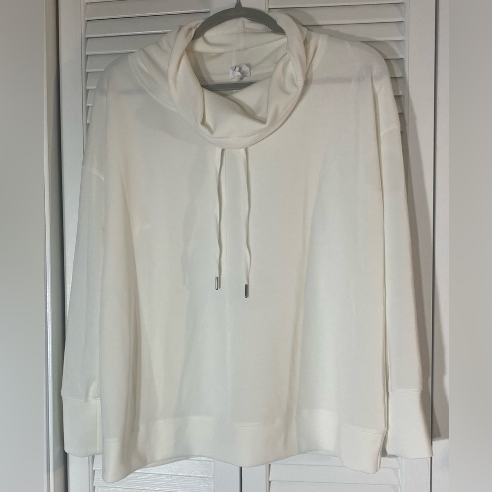 Cable & Gauge Beige Cowl Neck Sweatshirt With Drawstring, Size L, Ribbed Cuffs